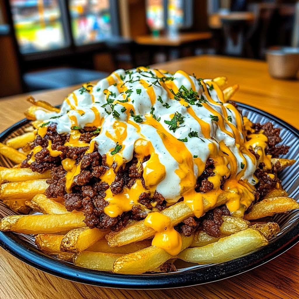 The Ultimate Loaded Fries Recipe: Crispy Fries with Savory Ground Beef, Melted Cheddar, and Creamy Sour Cream