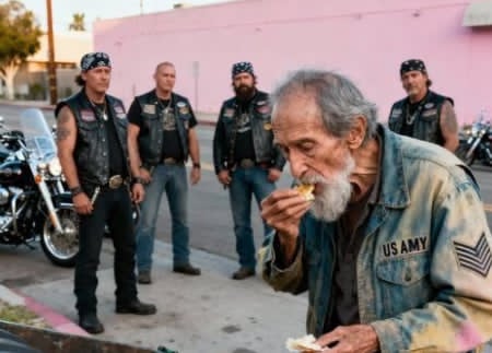HT6. Tough Bikers cried as they saw an 82-year-old veteran eating food through…see more