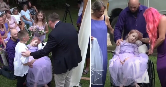 HT14. Brave little girl wheeled down the aisle by dad to marry school sweetheart days before passing away