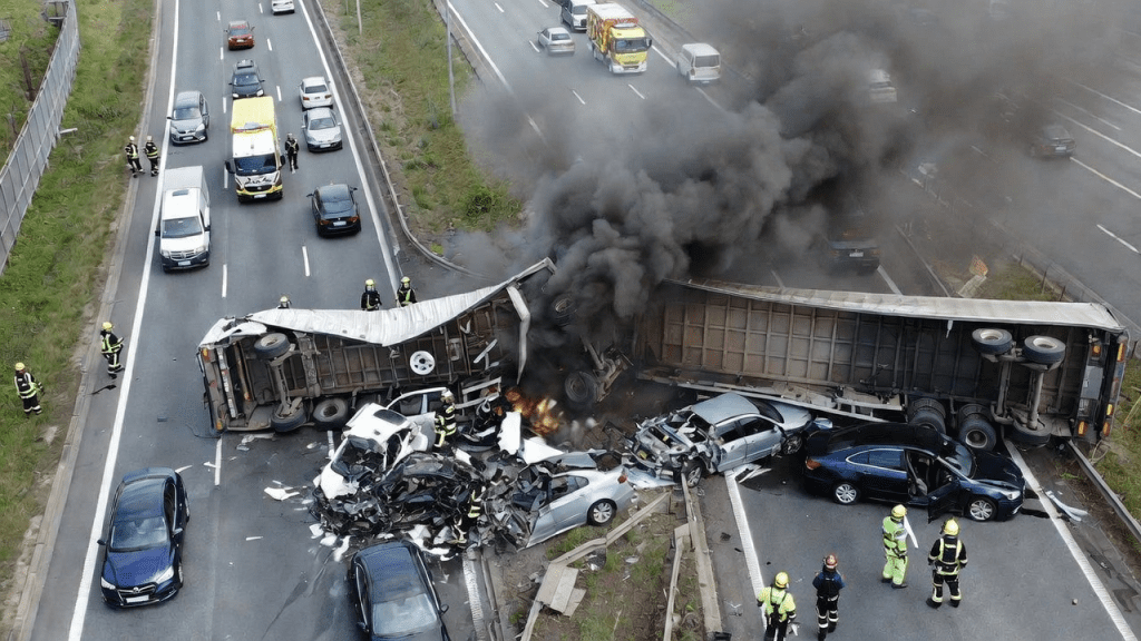 HT1. Overturned Hazardous Materials Lorry Triggers Massive Fire and Road Blockade