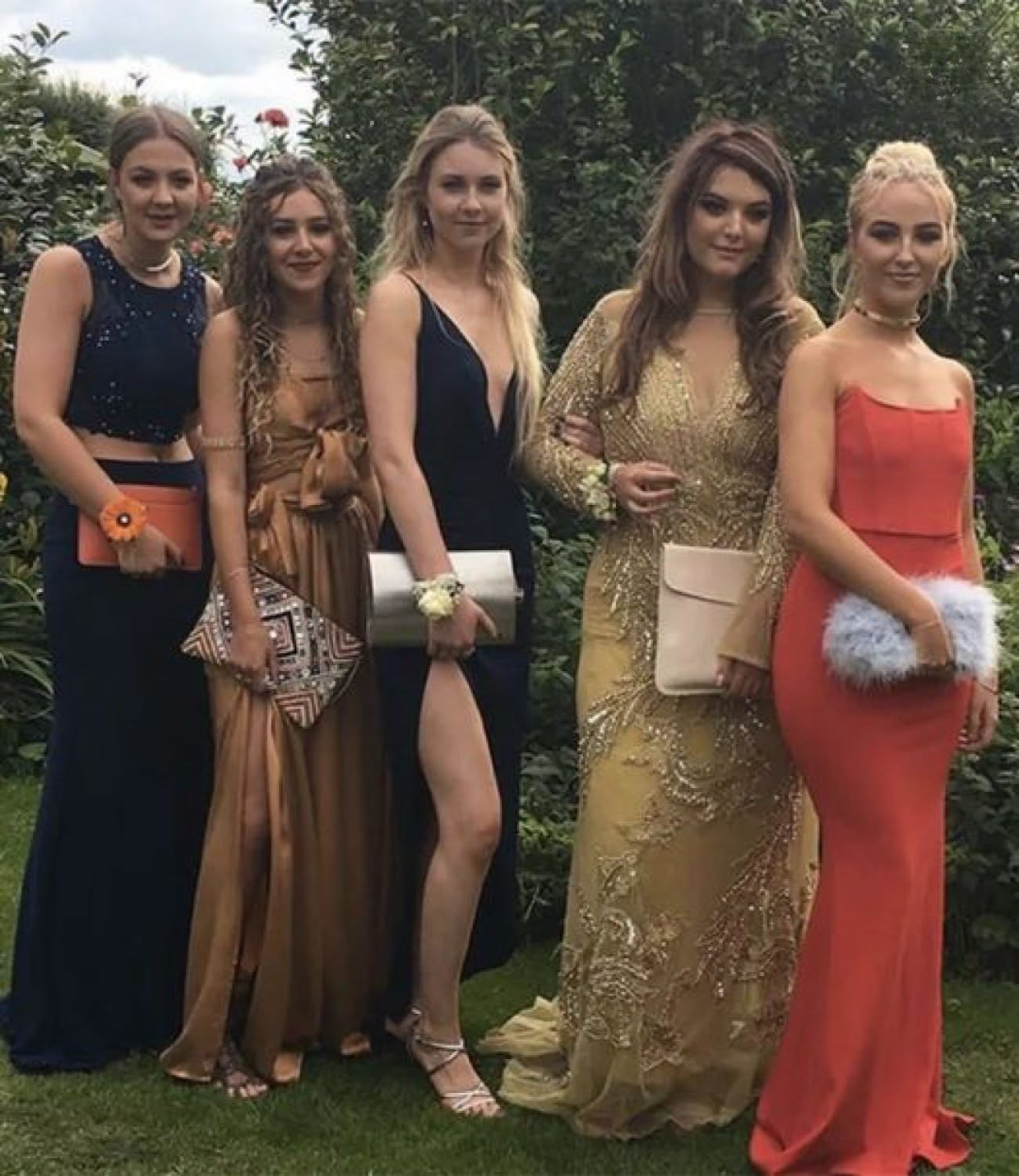 HT4. Five girls pose for prom photo