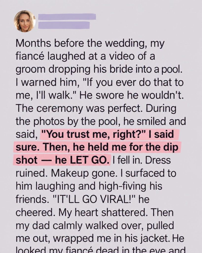 HT3. My Groom Deliberately Threw Me into the Pool During Our Wedding Photoshoot – My Dad’s Response Left Everyone Speechless