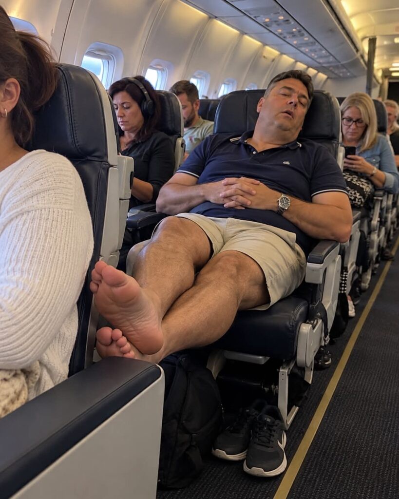HT1. A guy put his gross bare feet on my airplane armrest and refused to move them –
