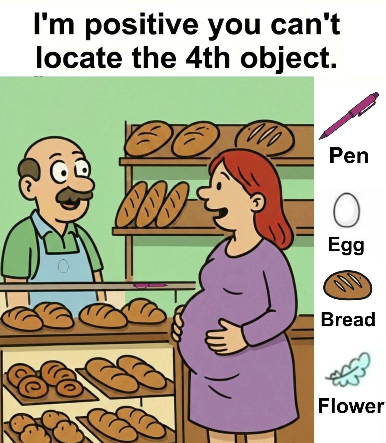 HT4. Find Pen, Egg, Bread, Flower.