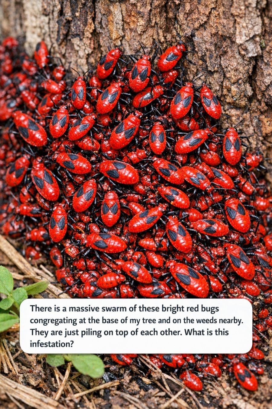 HT3. There is a massive swarm of these bright red bugs congregating at the base of my tree and on the weeds nearby. They are just piling on top of each other. What is this infestation?