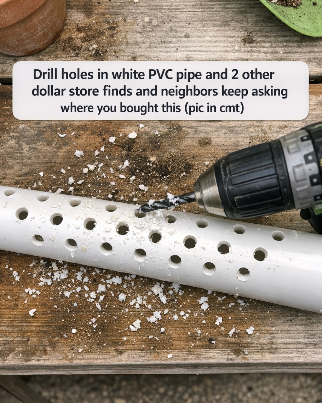 HT3. Drill holes in white PVC pipe and 2 other dollar store finds and neighbors keep asking where you bought this