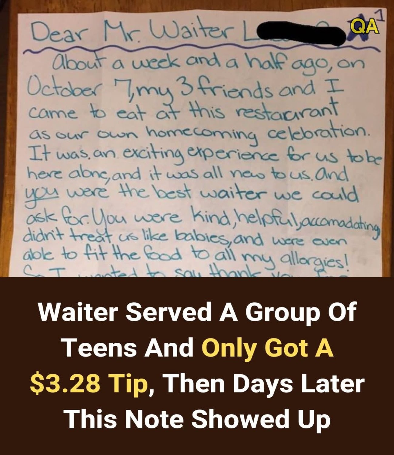 HT2. Waiter Receives a $3.28 Tip from Teens—Days Later, a Surprising Note Arrives